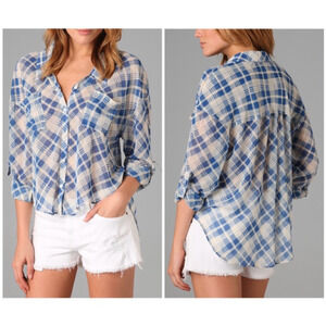 Free People Easy Rider Plaid Sheer Button Down Shirt Size XS Lightweight Hi Low
